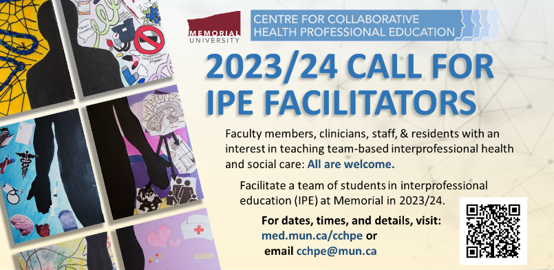 Promotional image advertising the 2023/24 call for IPE Facilitators - call 709-864-4901 to get involved.